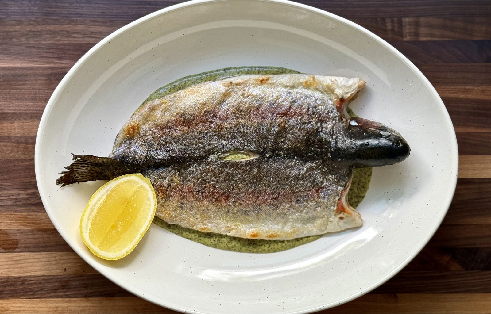 Image of Broiled Butterflied Rainbow Trout with Roasted Poblano & Nori Anchovy Sauce