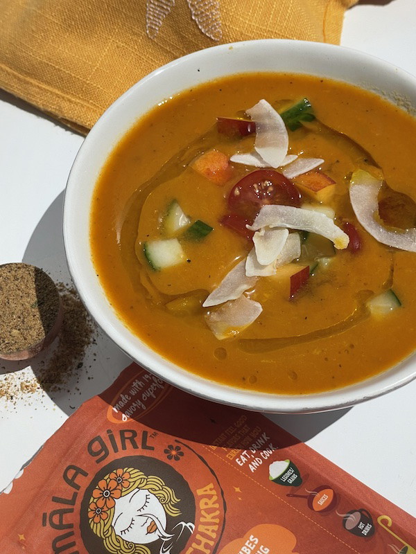 chilled carrot and pineapple soup with cucumber pico garnish