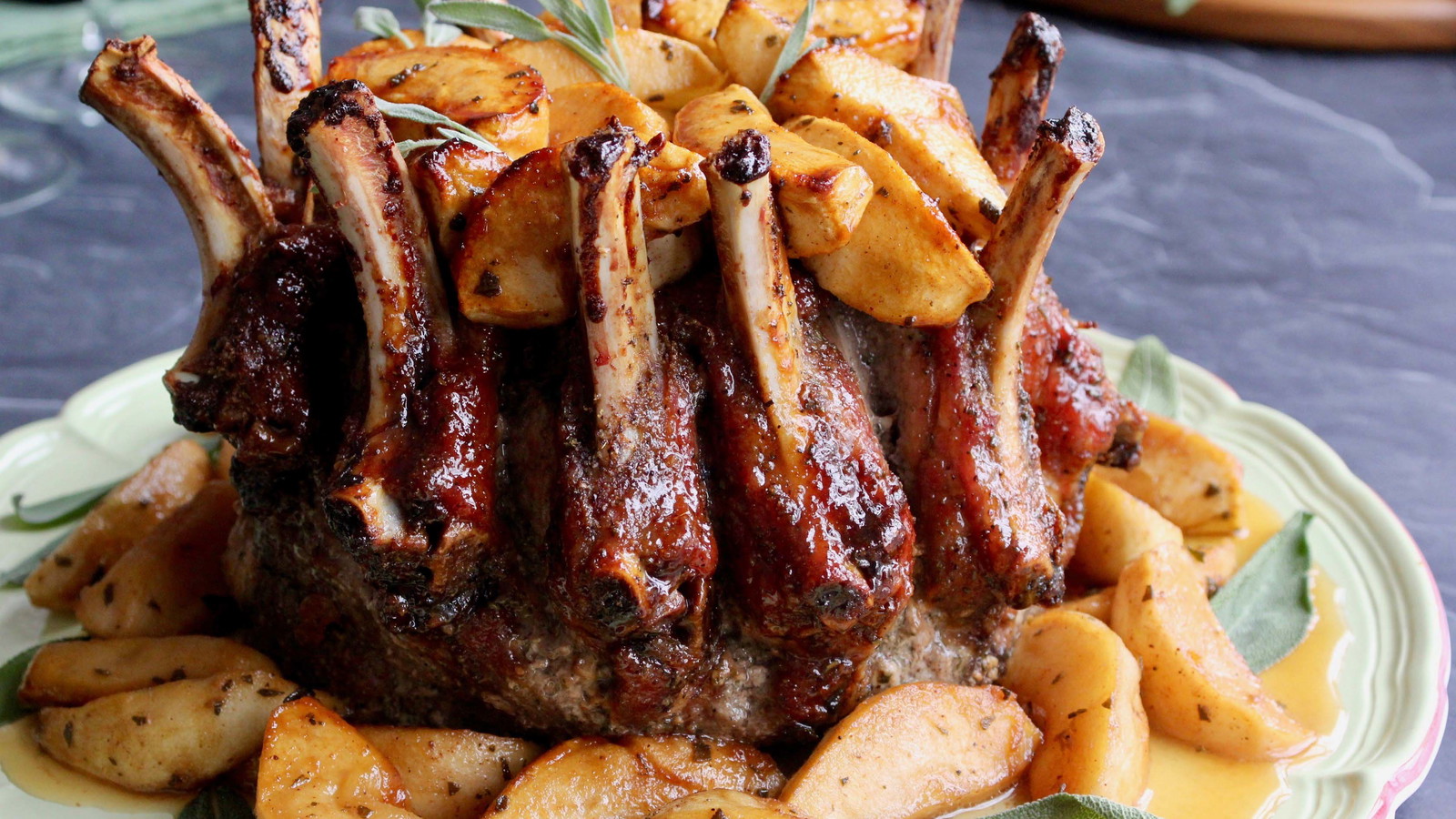 Image of Calvados and Maple Glazed Crown Roast of Pork with Spice Roasted Apples