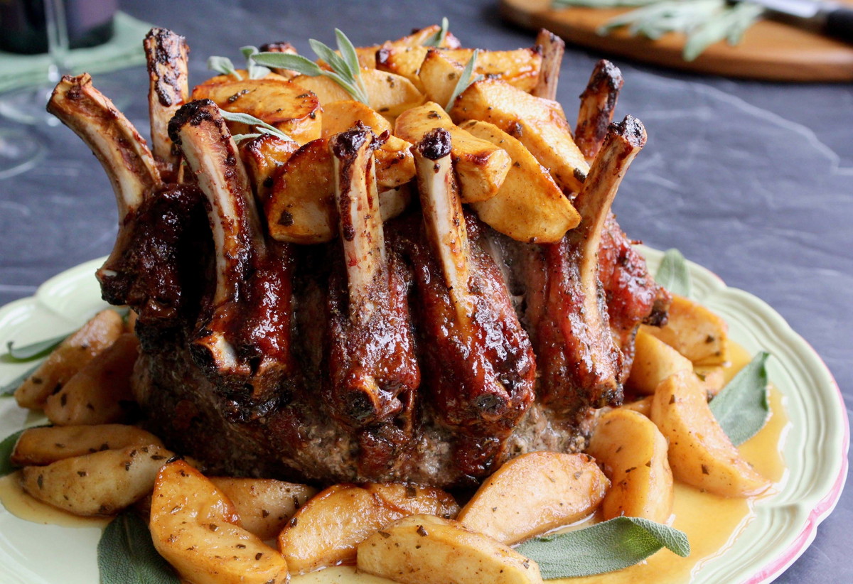 Calvados and Maple Glazed Crown Roast of Pork with Spice Roasted Apples