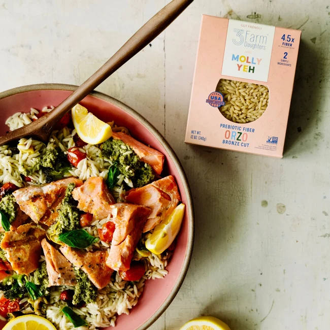 Image of Molly Yeh x 3 Farm Daughters | Roasted Veggie Orzo with Pesto and Grilled Salmon