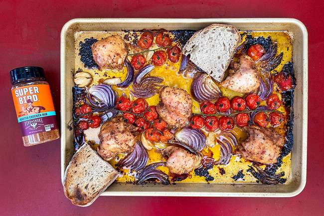 Image of Super Bird Sheet Pan Chicken with Red Onion & Jammy Tomatoes