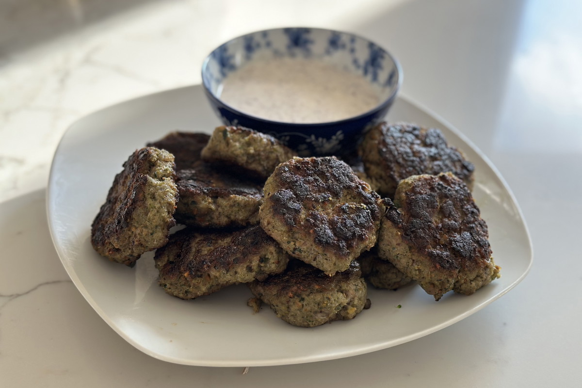 Dairy-Free Lamb and Pistachio Patties with sumac "yogurt" sauce