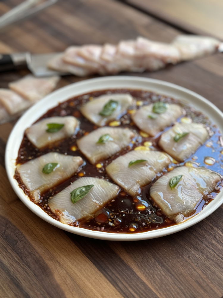 Image of Arrange the sashimi slices on top of the sauce.