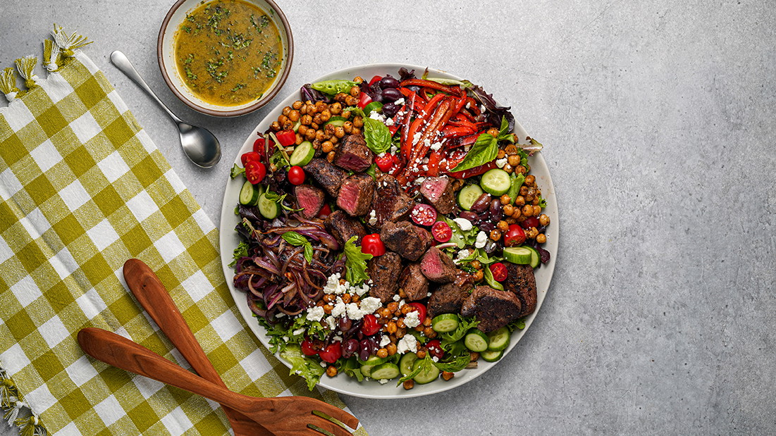 Flat Top Mediterranean Filet Mignon Steak Salad