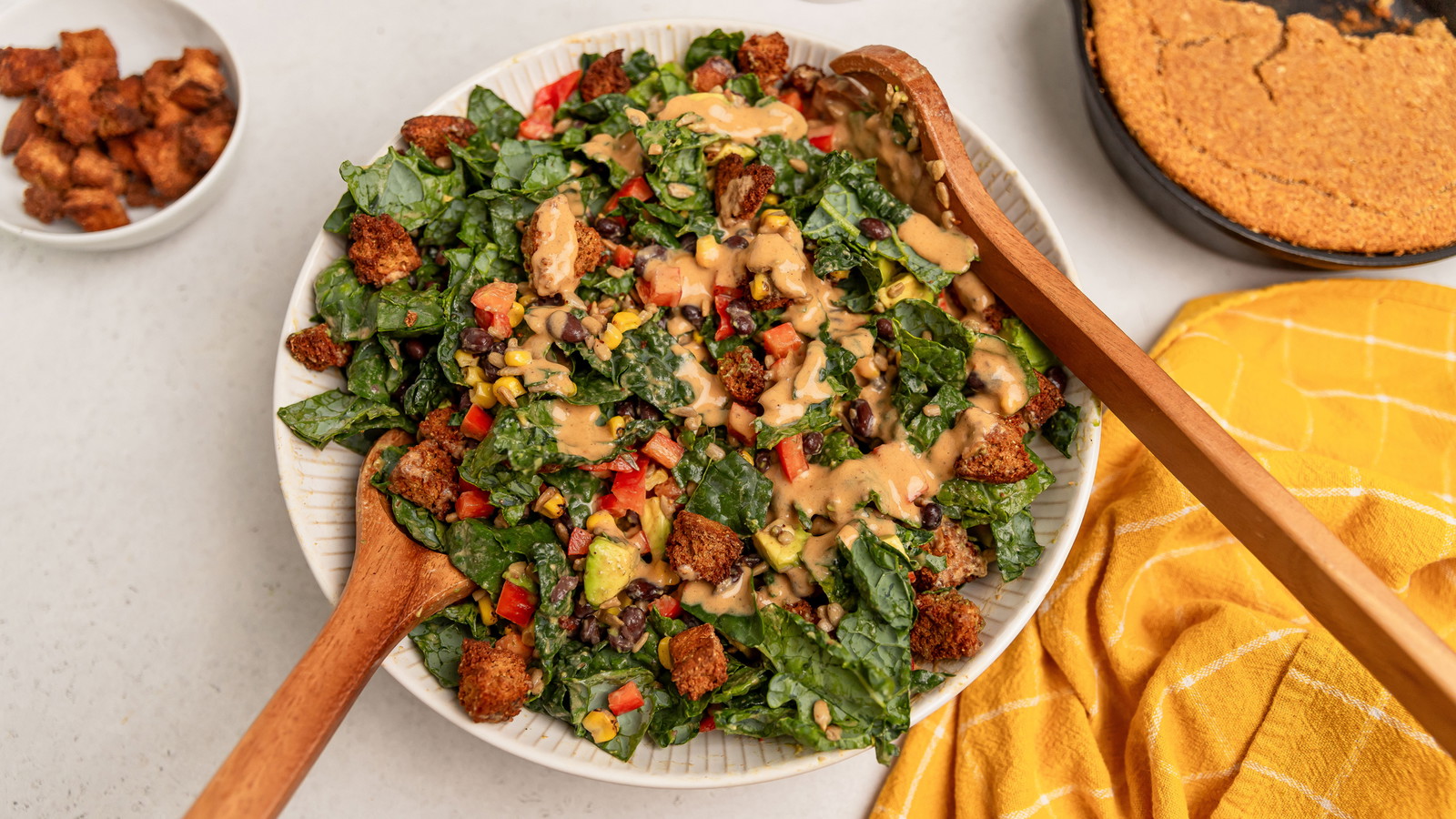 Image of Southwestern Kale Salad with Cornbread Croutons