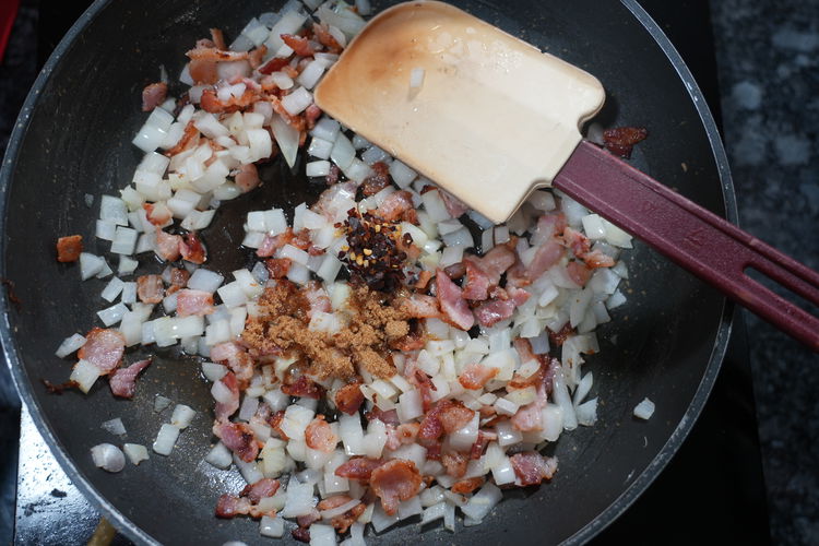 Image of Once the bacon start to brown and crisp up add...