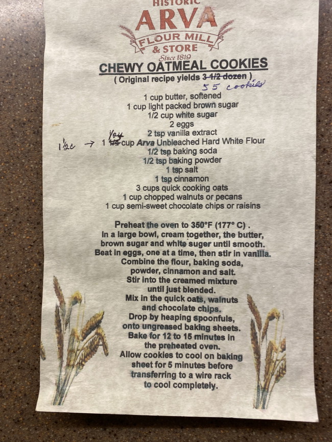 Image of Vintage Arva Flour Mills Recipe for Chewy Oatmeal Cookies 