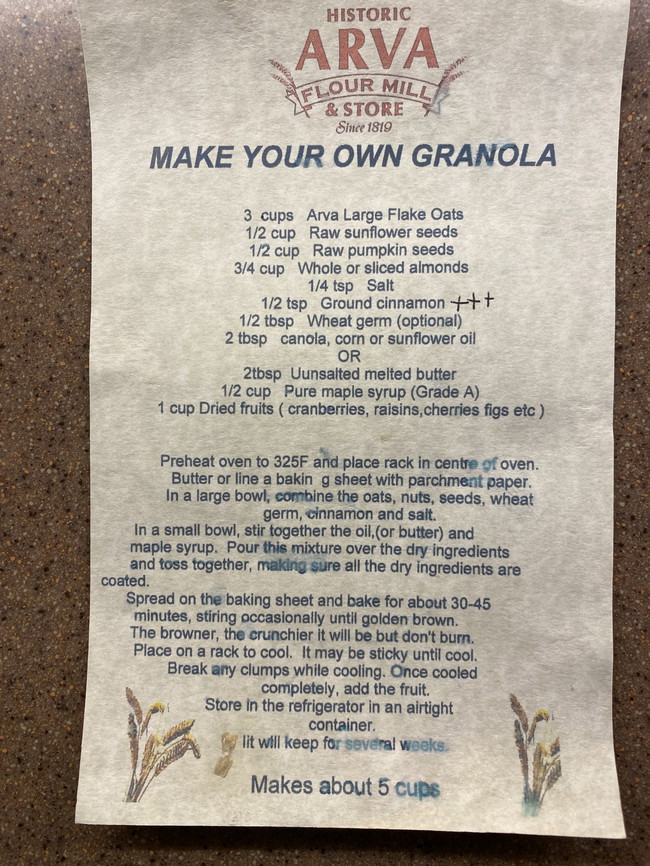 Image of A vintage Arva Flour Mills Granola Recipe!