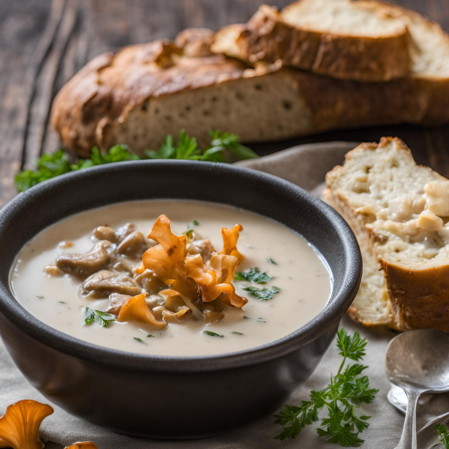 Image of Wild Chanterelle and Chicken of the Woods Mushroom Soup with crusty bread