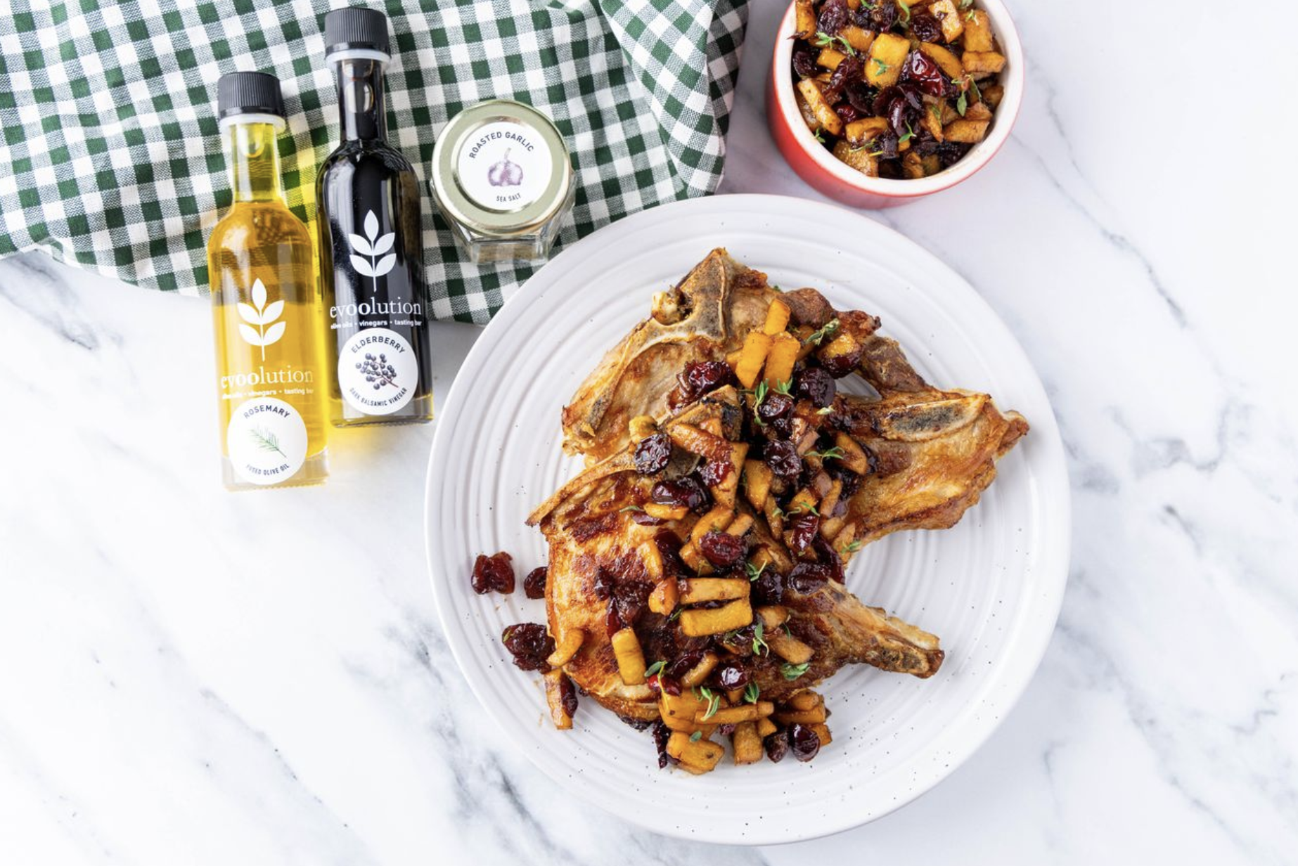 Image of Rosemary Olive Oil Pork Chops with Elderberry Balsamic Apple Chutney