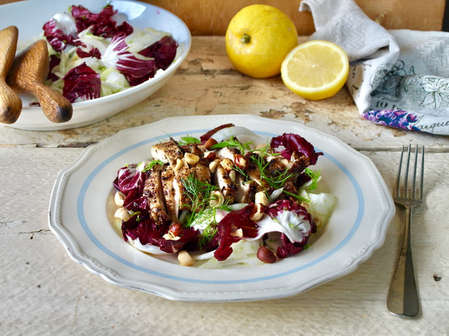 Image of spiced grilled chicken with fennel, radicchio and bergamot pressed olive oil