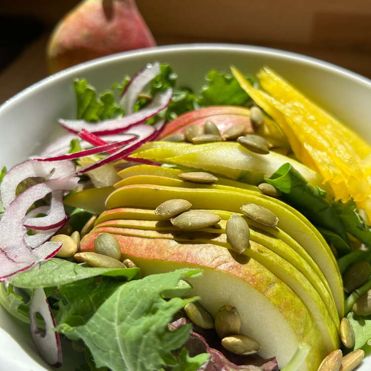 Image of Prepare the fruit and veg: Core and slice the pear...