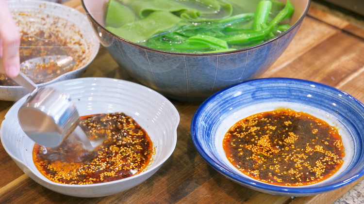 Image of Scoop 1/4 cup of noodle cooking water from the pot and pour it into each serving of dipping sauce. So, in total, you will need 3/4 cups of water. However, please add the water in batches and taste to adjust...