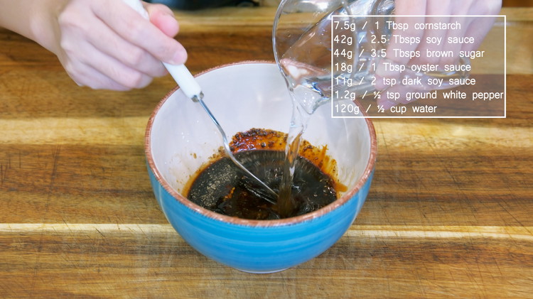 Image of While waiting, add 2.5 Tbsps soy sauce, 3.5 Tbsps brown sugar, 1 Tbsp oyster sauce, 2 tsps of dark soy sauce, 1/2 tsp of ground black pepper, 1 Tbsp cornstarch, and ½ cup water into a bowl and mix well.