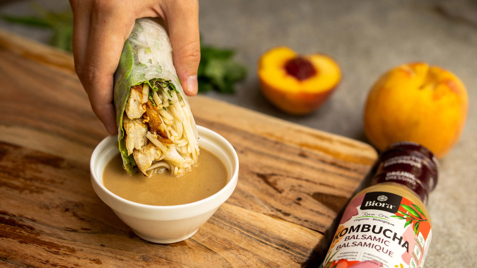 Image of Chicken and Peaches Spring Rolls with Kombucha Balsamic Dressing Recipe