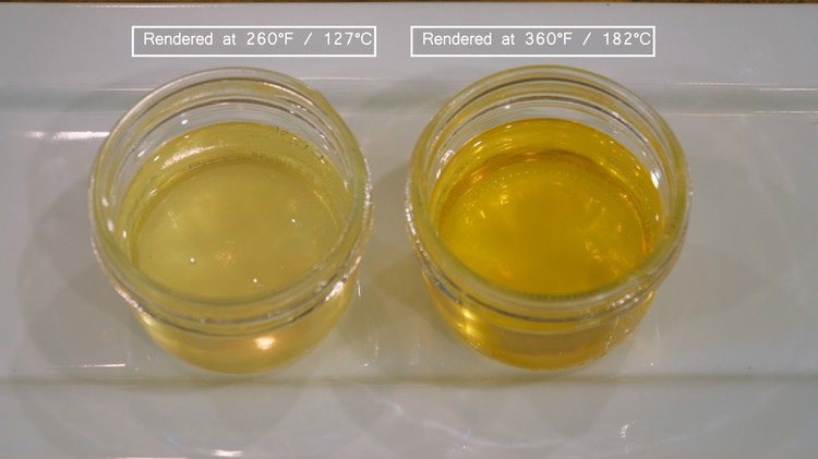 Image of Well, the answer is yes and no. Here's why: I've got two jars of lard here, The left one was rendered at (260°F / 127°C); The color is lighter. The right one was rendered at 360°F / 182°C, resulting in a deeper...