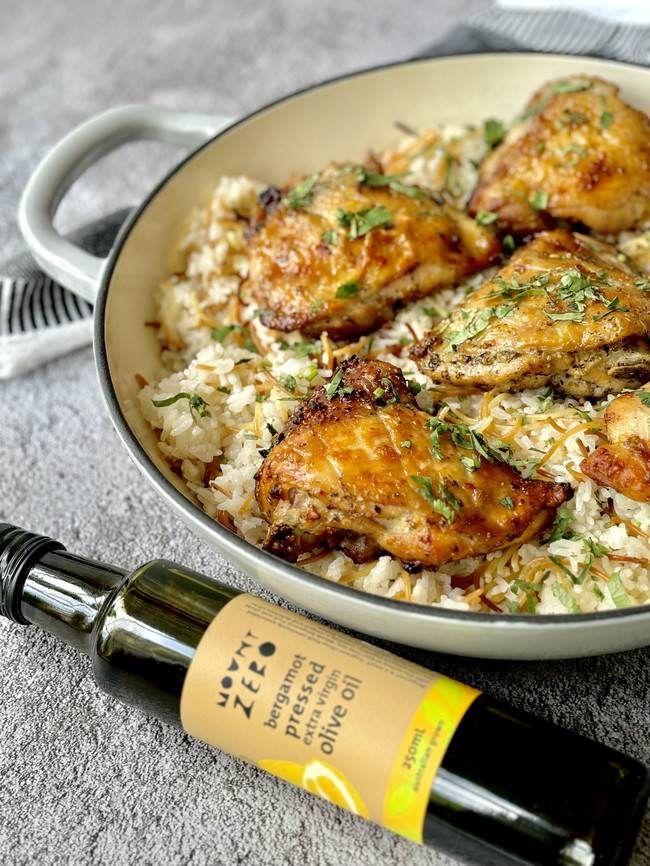 Image of marinated roast chicken thighs with bergamot pressed olive oil