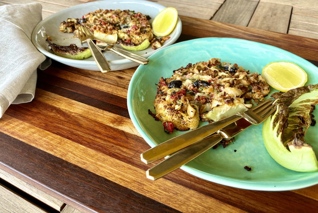 Image of Cauliflower Steaks with Pizza Toppings 