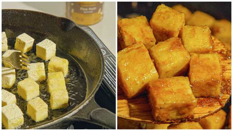 Image of Wrap the tofu in a clean kitchen towel and place something heavy on top, like a cast-iron skillet, to remove excess moisture. Cut the tofu into small cubes. Place the tofu cubes in a large bowl, and add cornstarch. Mix...