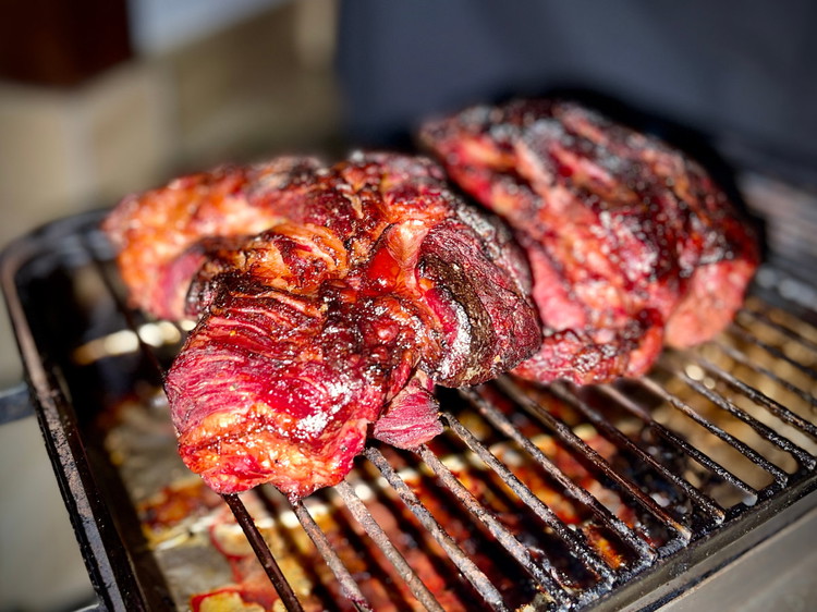Image of Smoke beef until a deep mahogany colour has formed and surface has started to form bark (approx 75C internal temp). This will take approx 4 hours