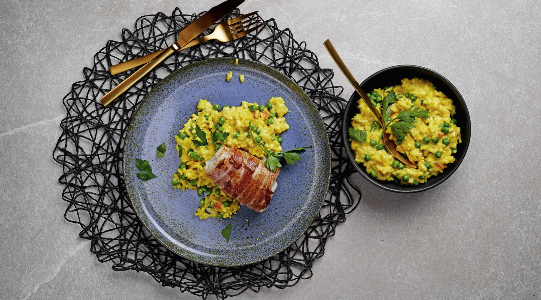 Kabeljau im Speckmantel – mit Safran Risotto Rezept