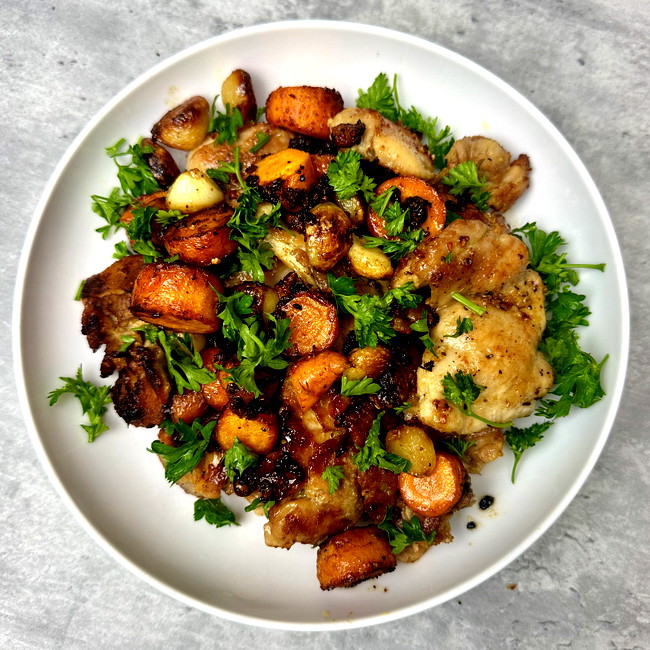 Image of garlic & herb chicken thighs with a honey drizzle