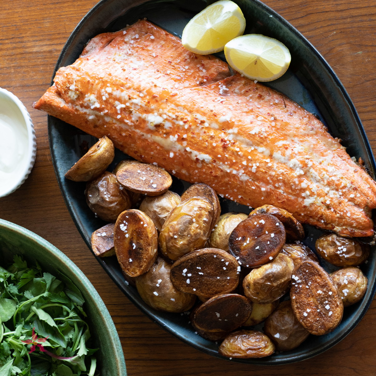 Roasted Harissa Salmon with Potatoes, Garlic Aioli and Crunchy Salt