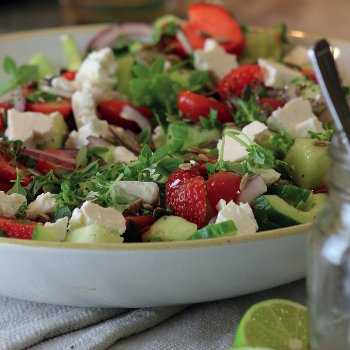 STRAWBERRY & FETA SALAD WITH WOMERSLEY LIME, BLACK PEPPER & LAVENDER VINEGAR