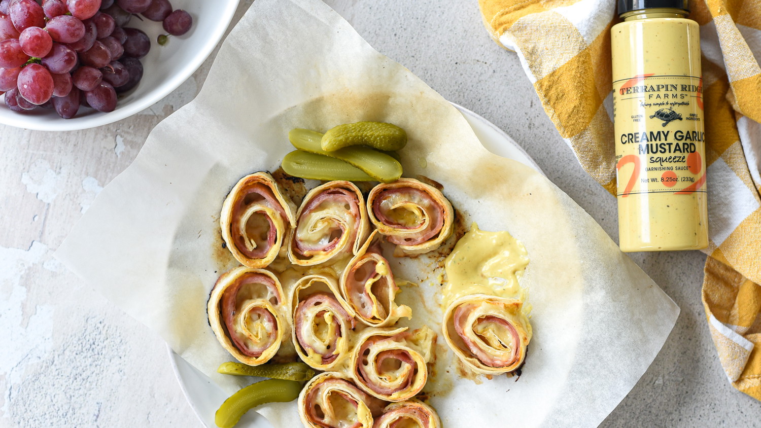 Image of Pull-Apart Ham & Cheese Pinwheels with Creamy Garlic Mustard Squeeze