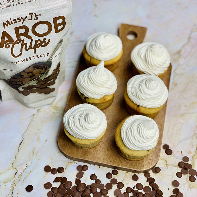 Image of CAROB CHIP CUPCAKES WITH CHEESECAKE FROSTING