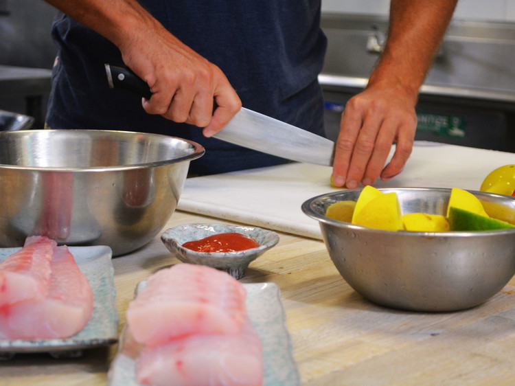 Image of Combine Vegetables, Lemon/ Lime Juice, and Grey Tilefish and chill for at least 30 minutes.