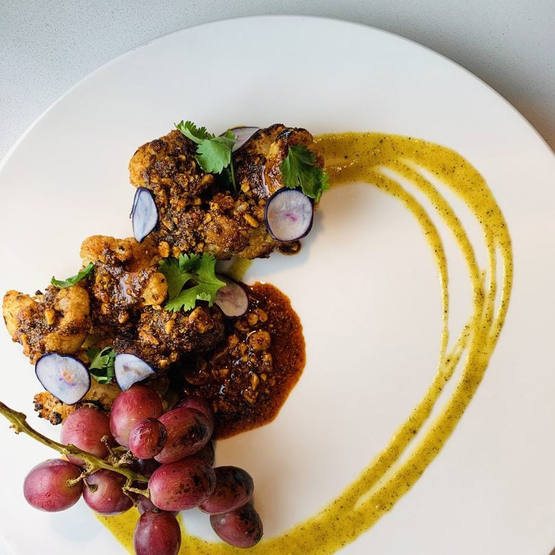 El Taco Roasted Cauliflower + Guac and Roll Salsa Macha + Pink Peppercorn Lemon Thyme Pineapple Sauce