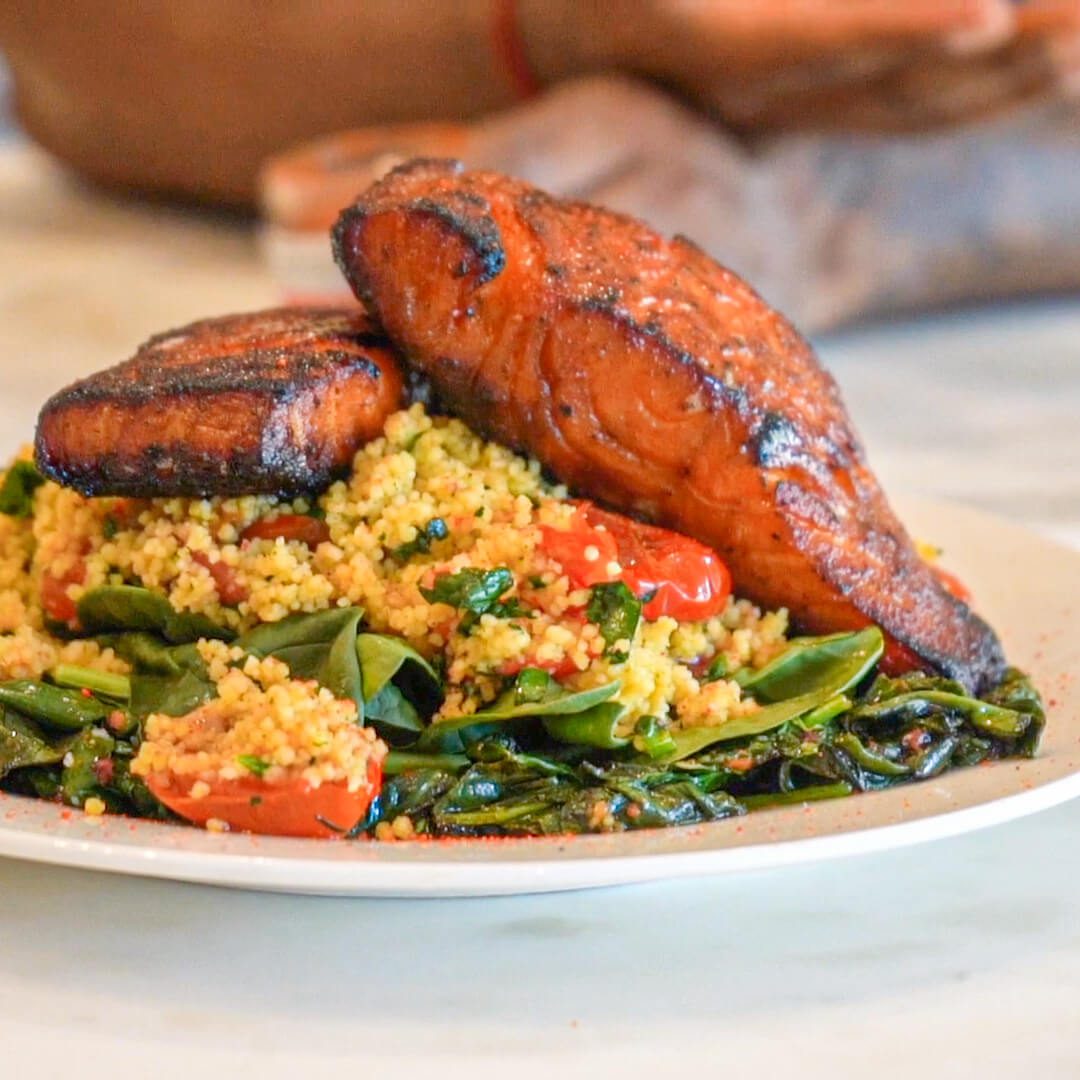 Candied Bacon Sriracha Salmon with Couscous