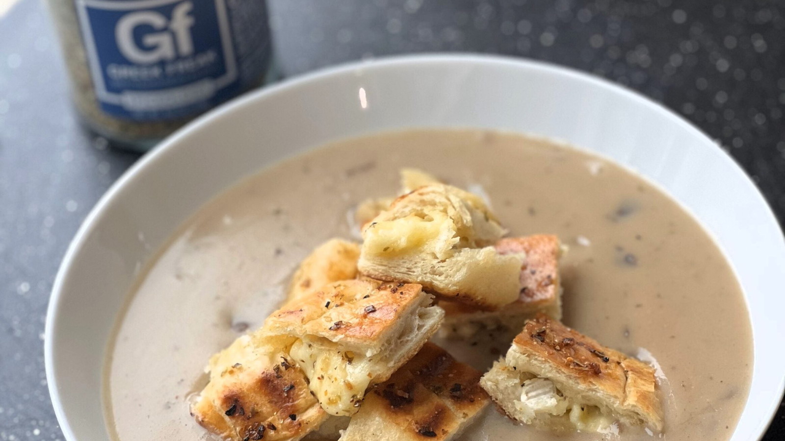 Image of Greek Freak Brie Panini Croutons with Mushroom Soup