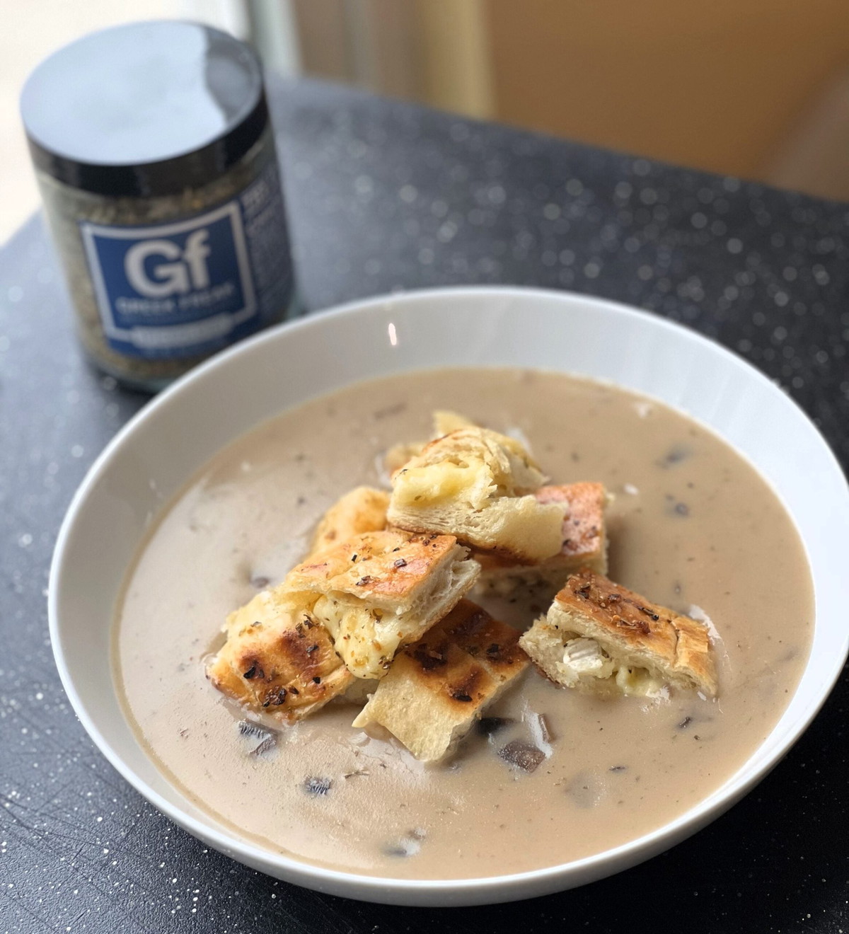 Greek Freak Brie Panini Croutons with Mushroom Soup