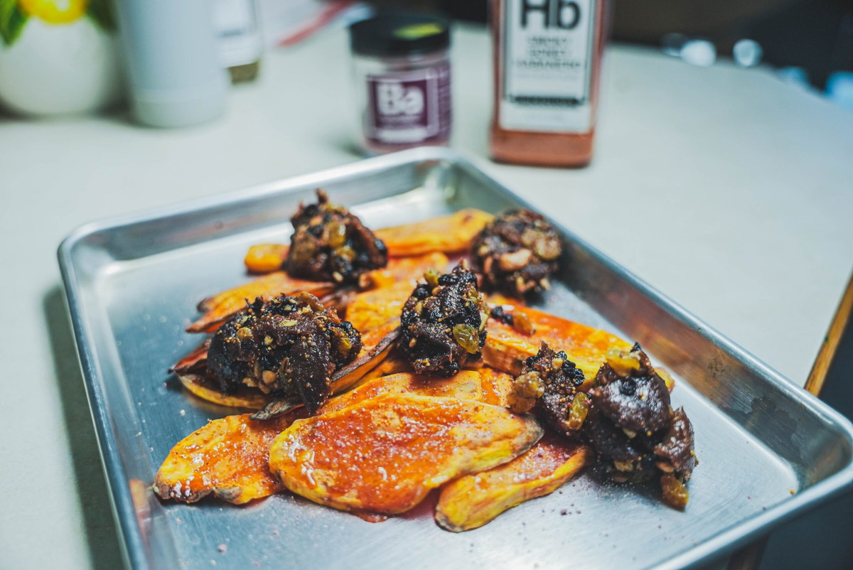 Smoky Honey Habanero Sweet Potatoes with Blackberry Balsamic Fig Agrodolce