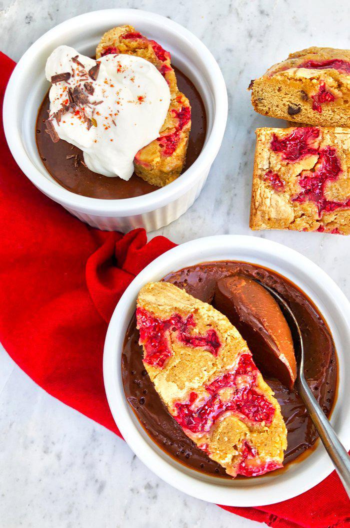 Raspberry Chipotle Chocolate Pot de Creme with Raspberry Blondies