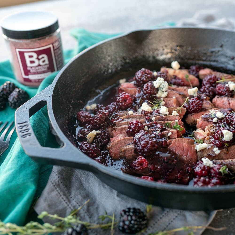 Boozy Balsamic Blackberries over NY Strip Steak