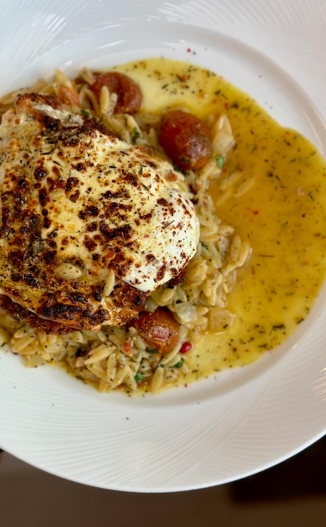 Pink Peppercorn Lemon Thyme Creamy Orzo & Fried Chicken