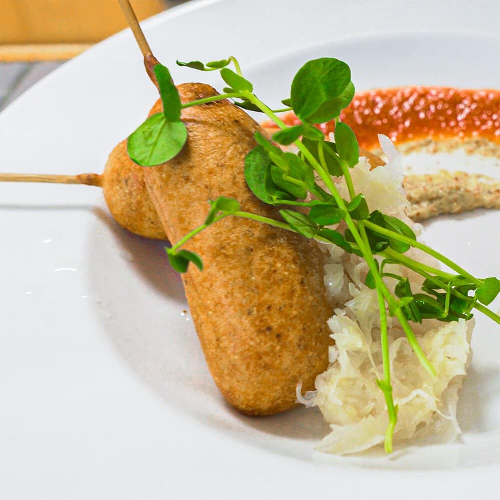 Oh Canada Bratwurst Corn Dogs and Tomato Jam