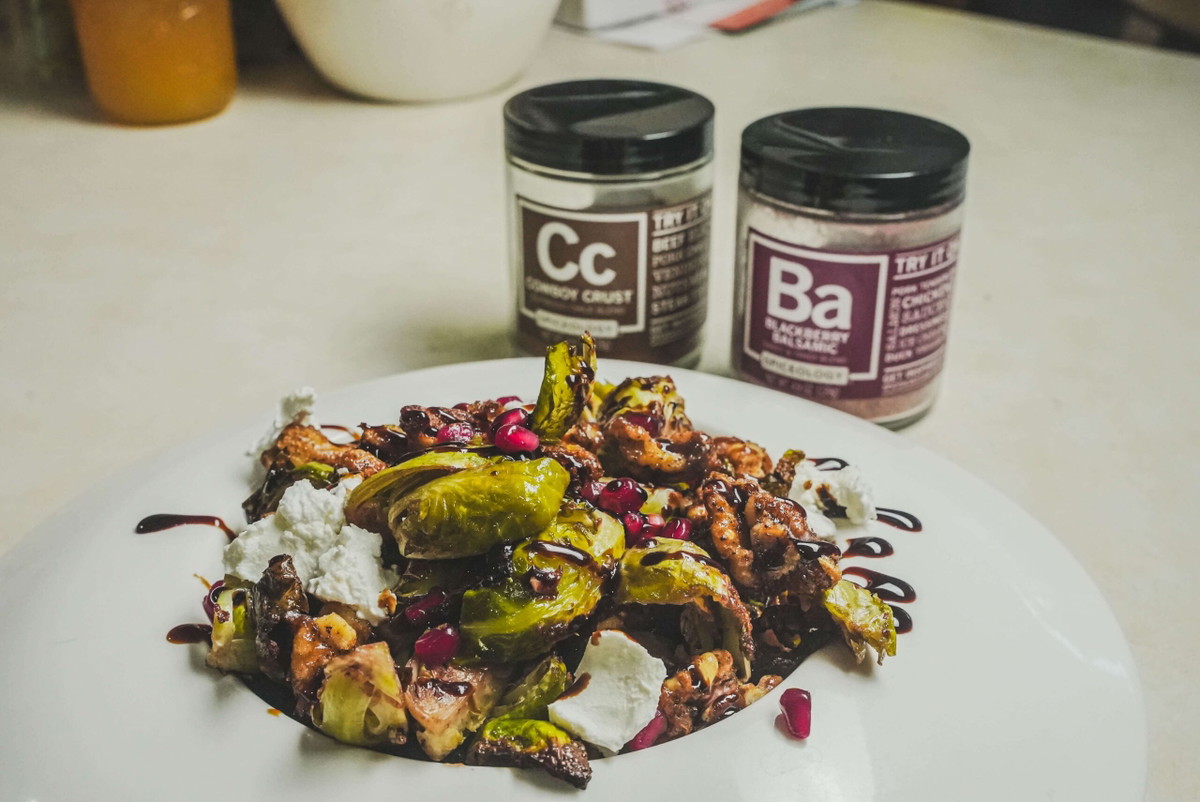 Blackberry Balsamic Brussels Sprouts with Cowboy Crust Walnuts
