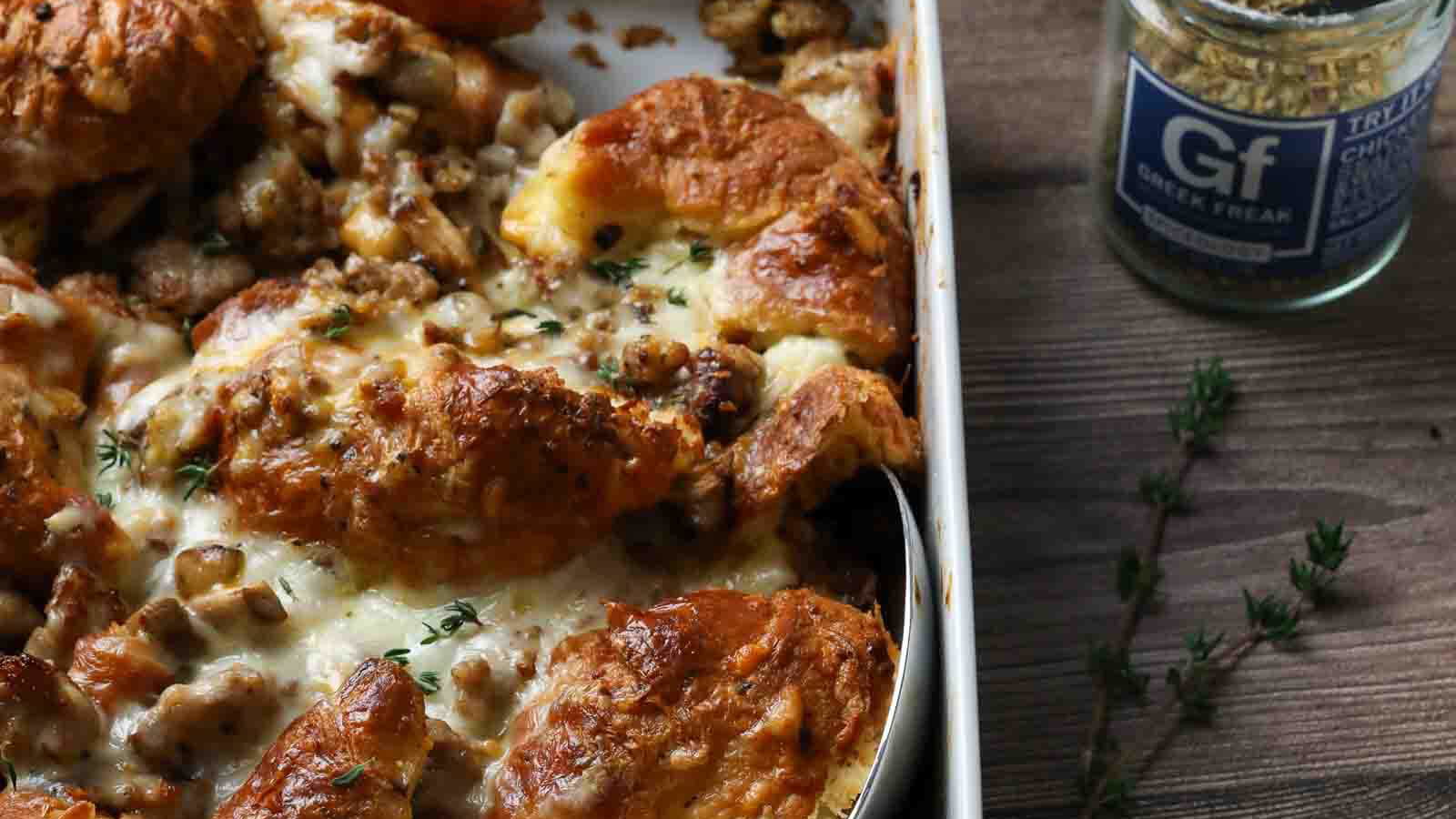 Image of Greek Freak Sausage & Mushroom Croissant Casserole