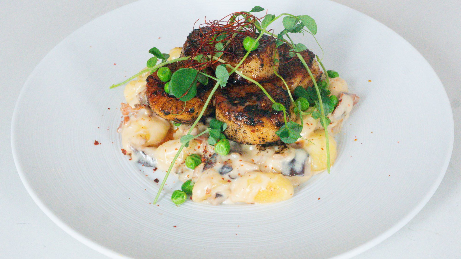 Image of Black & Bleu Scallops with Mushroom and Pea Gnocchi