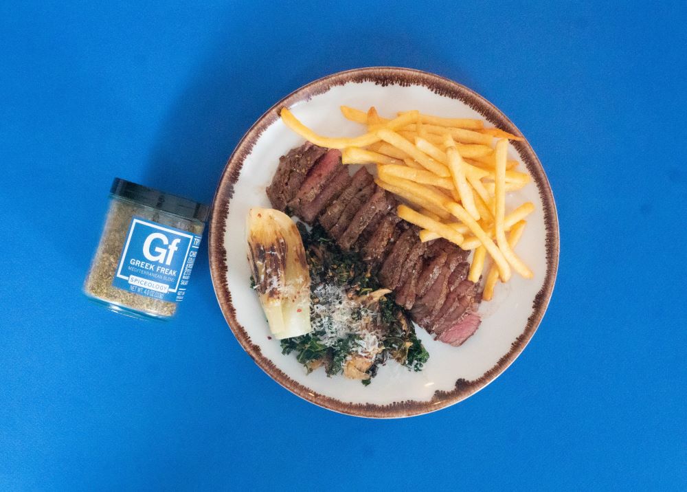 Greek Freak Tri-Tip Steak, Frites and Sautéed Veggies