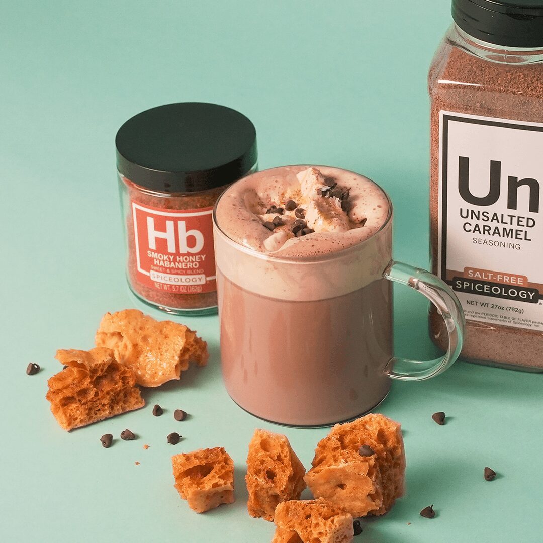 Salted Caramel Hot Cocoa with Smoky Honey Habanero Honeycomb Candy