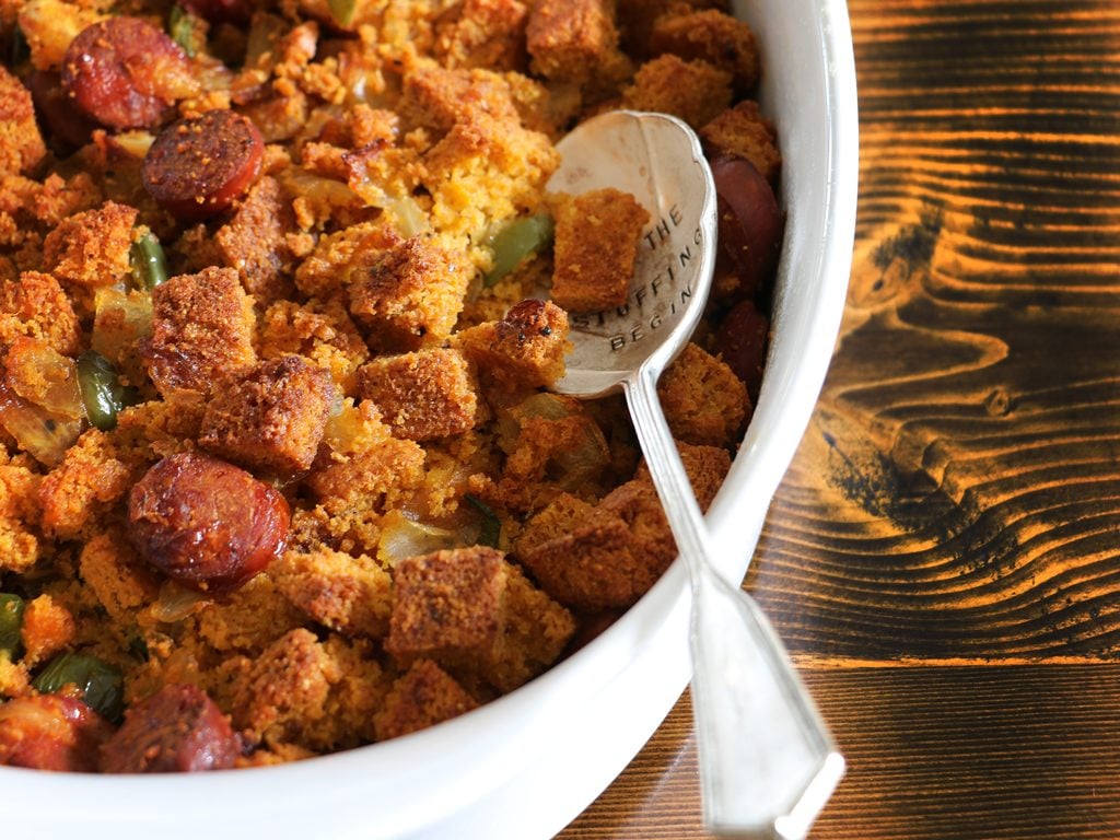 Chili Margarita Cornbread Stuffing with Chorizo and Jalapeños