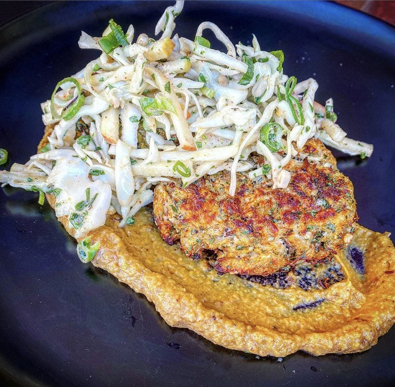 Really Ranch Crab Cakes w/ Cajun Apple Slaw and Roasted Sweet Potato Puree