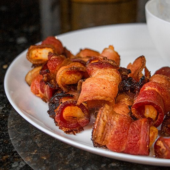 Smoky Honey Habanero Bacon-Wrapped Shrimp with Honey Horseradish