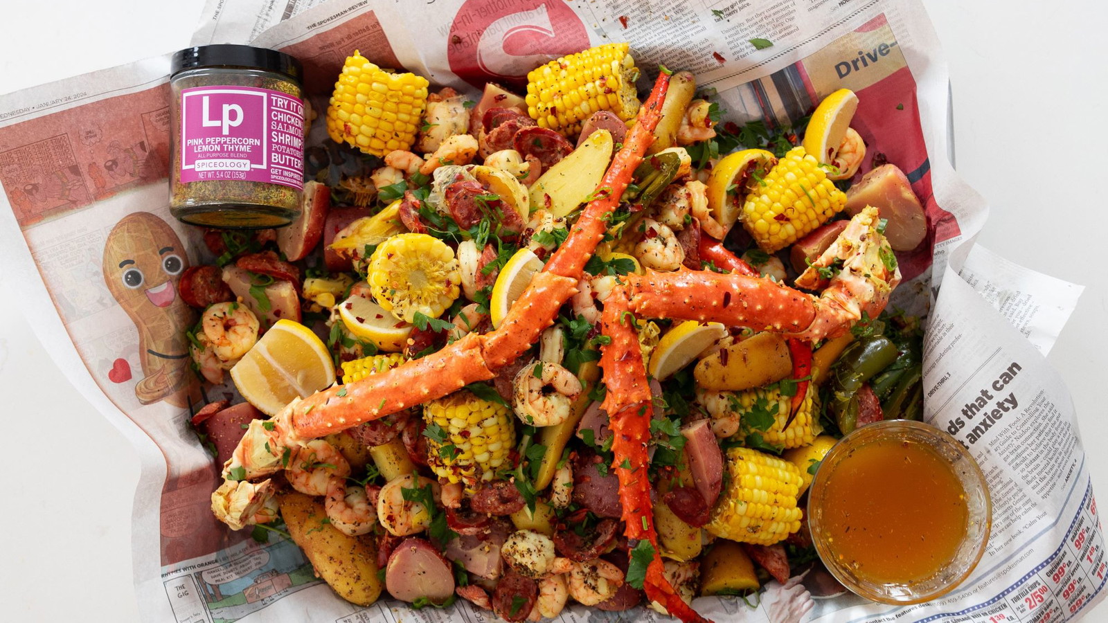 Image of Pink Pepper Lemon Thyme Crab Legs & Shrimp Boil